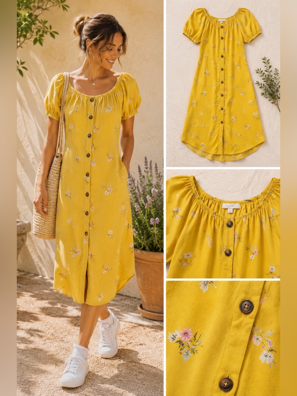 LOFT Size M Yellow Floral Midi Dress Button Front Flutter Sleeve Pockets